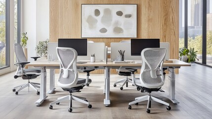 This contemporary workspace has an open design, minimalist desks, and sleek, ergonomic office chairs. Natural light streams into the space from the huge windows, making it well-lit.