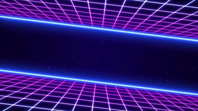 3D Synthwave terrain landscape, digital blue purple glow cyberspace laser neon grid floor perspective, abstract futuristic retrowave poster design, 80s retro night arcade game tech style background