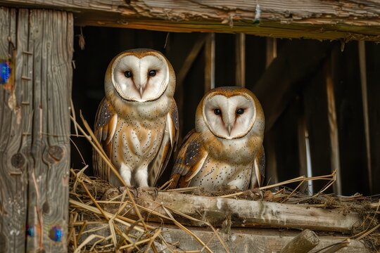 Two barn owls perched together in a wooden barn with hay, showcasing their unique features during a quiet evening