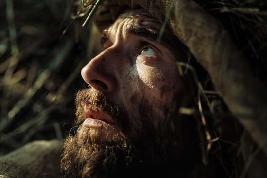 Man with beard and dirty face looking upward with sad expression, historical scene depiction, wartime context, Christianity concept, actor portrayal.