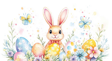 Obraz premium Easter Bunny with Eggs and Flowers Watercolor Decoration Isolated on White Background