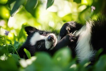 Obraz premium Joyful skunk in sunny grassy setting vivid colors soft textures