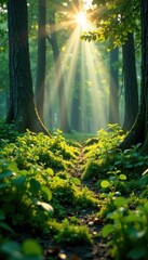 Fototapeta premium Dew-kissed forest floor, sunlight filtering through trees, nature, calm, trees