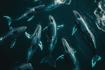 Fototapeta premium Blue whales feeding in harmonious deep ocean scene