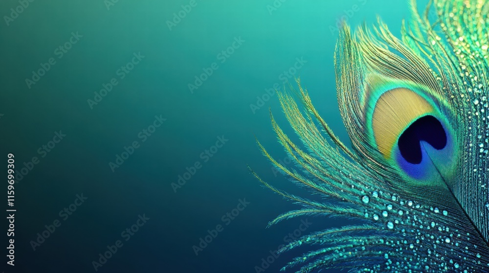 Fototapete Close up view of a colorful peacock feather adorned with dew drops under soft light with ample copy space for design. Generative AI