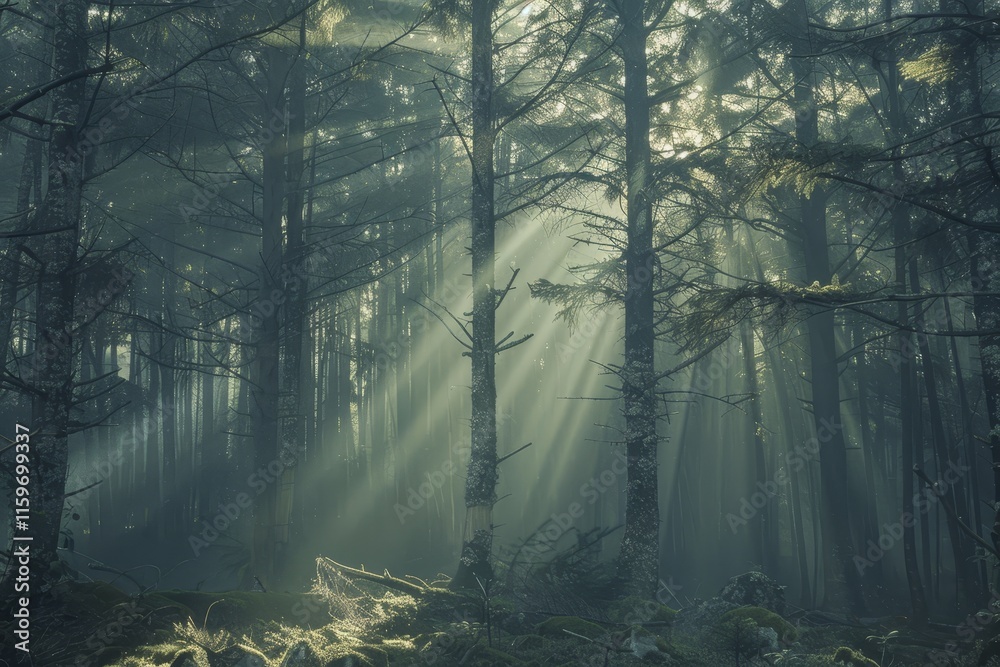Poster Sunlight filters through dense forest trees, creating a serene and mystical atmosphere in a secluded woodland area