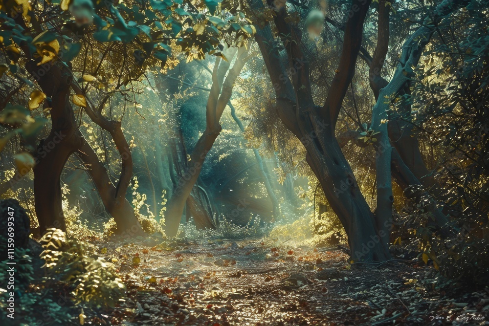 Poster Sunlight filters through dense forest trees, creating a serene and mystical atmosphere in a secluded woodland area