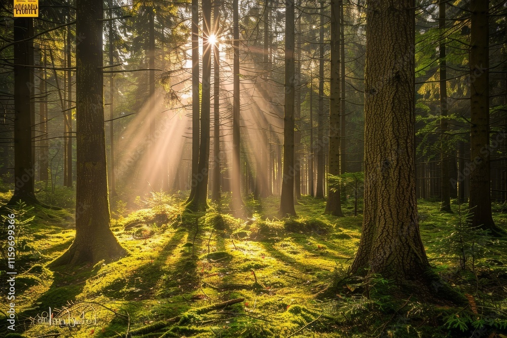 Poster Sunlight filters through dense forest trees, creating a serene and mystical atmosphere in a secluded woodland area