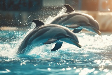 Fototapeta premium Vibrant image of leaping dolphins in clear ocean water