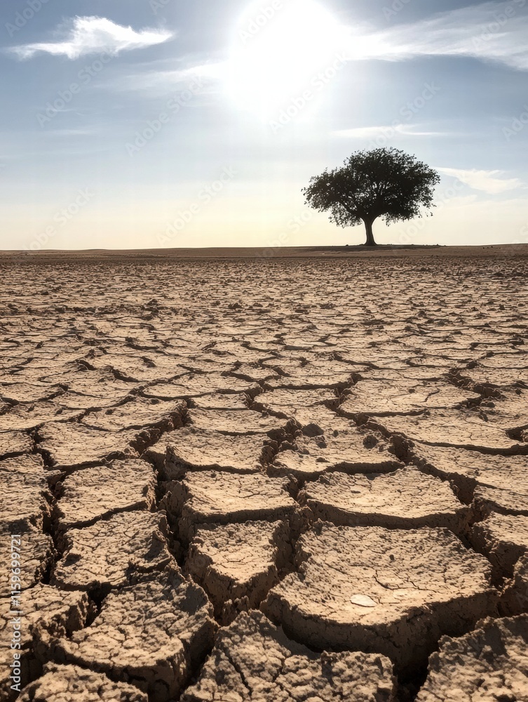Poster cracked dry lakebed basks under the intense sun with a solitary tree standing resilient in the backg