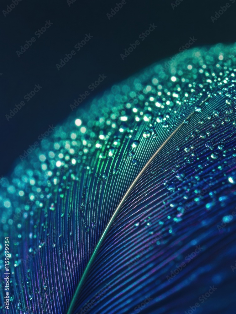 Poster close up view of a peacock feather adorned with dew drops showcasing vibrant colors and a serene atm