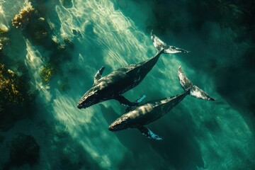 Obraz premium Humpback whale mother and calf in serene underwater scene
