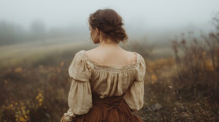 Obraz premium Woman in Rustic Dress Gazes at Misty Landscape