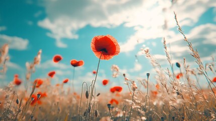 Obraz premium A vibrant field of red poppies swaying gently under a bright blue sky, illuminated by soft sunlight.