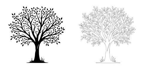 Tree Silhouette Illustration: A minimalist design featuring two tree silhouettes, one black and one in outline, against a white background. Perfect for nature-themed projects, branding.