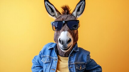 A fun donkey wearing sunglasses and a denim jacket against a vibrant yellow background.