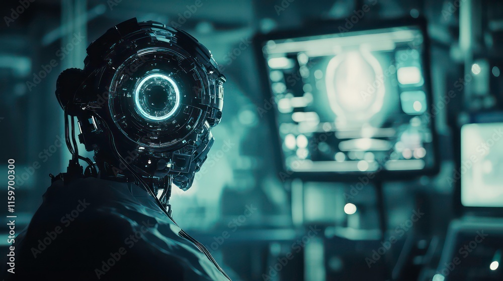 Aufkleber Futuristic robot monitoring data on a screen in a high-tech laboratory.