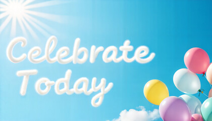 Celebrate Today text in cloud letters with colorful balloons and blue sky