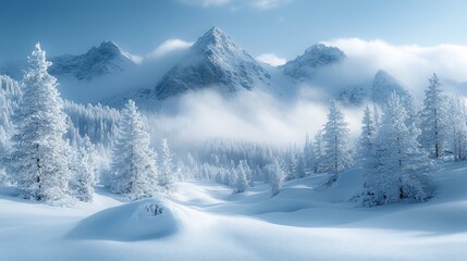 Obraz premium Snowy Mountain Peaks and Frosty Winter Trees