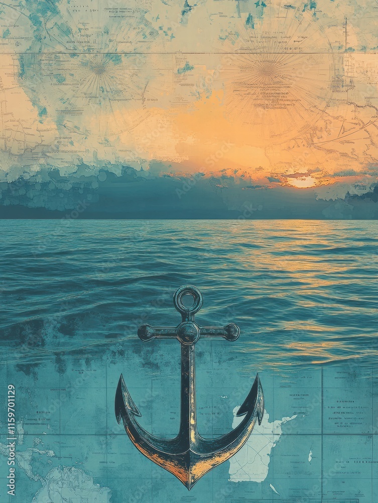 Poster nautical anchor on a serene map background under a golden sunset over calm waters. generative ai