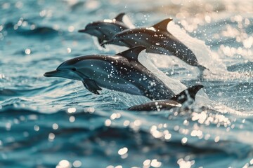 Obraz premium Dolphins playing in the ocean sunlight with a splashing water effect.