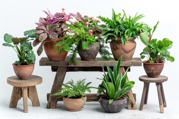 Variety of indoor plants and potted greenery arranged on a pottery display stand. Plants include ferns, bamboo, tropical varieties in clay and terracotta planters.