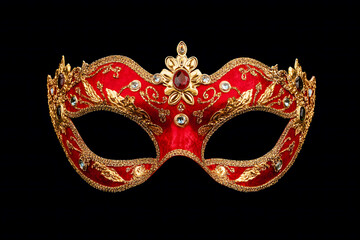 Close-up of an ornate red and gold Venetian mask embellished with gemstones and intricate golden details, isolated on a black background.