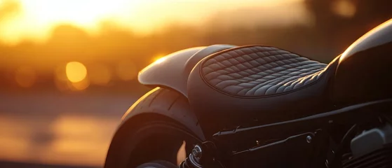 Close-up of a custom motorcycle seat at sunset.