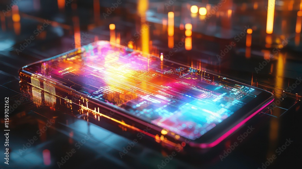 Poster Futuristic smartphone displaying vibrant digital data streams and glowing interface.