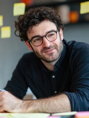 Fototapeta premium Man with Glasses Smiling at Paper