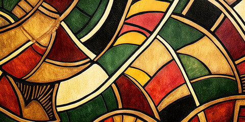 Colorful stained glass pattern in red, green, yellow, and black tones, symbolizing heritage, culture, and unity for Black History Month.