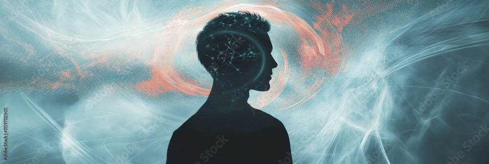 Poster human silhouette immersed in abstract whirlwind symbolizing loneliness and introspection during a mo