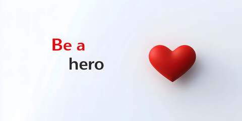 Minimalistic image of a red heart symbol on a white background with Be a hero text. Represents blood donation awareness and encouragement.