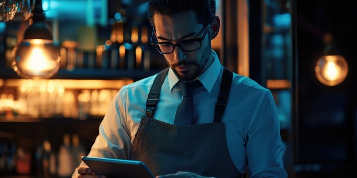 Bartender with Tablet at Nighttime Bar Setting