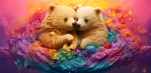 Two bears in love surrounded with colourful flowers	