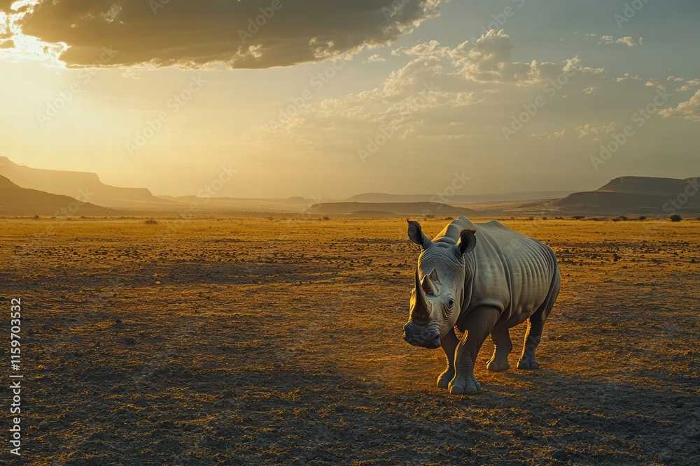 Poster close up of a rhino walking through a barren savanna at sunset with ample space for text. generative
