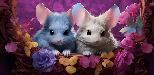 Two mices in love surrounded with pink and purple flowers	