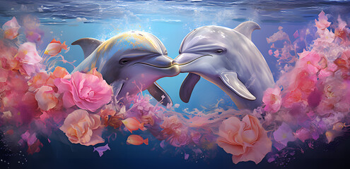 Two dolphins in love surrounded with pink flowers	