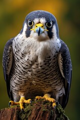 Fototapeta premium Bird with a yellow beak and black and white feathers is perched on a tree branch. The bird has a serious expression on its face