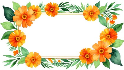 Fototapeta premium Floral orange frame with greenery for invitations and stationery design