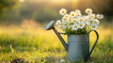 Daisies in a Rustic Watering Can Outdoors
