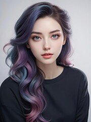Fototapeta premium 長い波打つ髪と穏やかな表情の若い女性の肖像。顔の細部、光沢のある髪、ぼかされた背景が優雅さと繊細さを醸し出します。柔らかな照明が自然な美しさと繊細な色調を引き立てます。