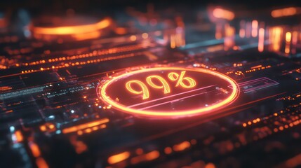 Glowing 99% progress indicator on a futuristic digital circuit board.