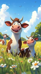 Naadloos Fotobehang Airtex A cheerful scene of cartoon cows in a sunny meadow filled with flowers. © Raja