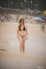 Woman in a Bikini Walking on the Beach
