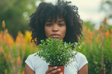 Woman holding plant, symbolizing growth in urban environment.