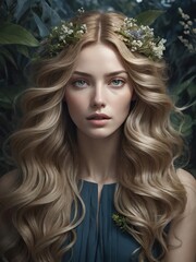 Fototapeta premium エーテルのような女性、長い波状の髪が繊細な顔立ちを引き立てています。色とりどりの花と葉で飾られ、自然で調和のとれた美しさを醸し出しています。 暗い背景は白い肌と花のディテールを強調し、魅力的で印象的なコントラストを生み出しています。 穏やかな表情と深いまなざしは、平和と神秘の感覚を伝えます。花の要素を取り入れることで、自然やクラシックな美しさとのつながりが感じられます。