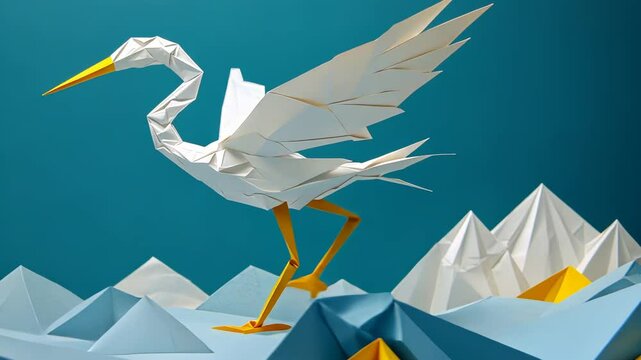Playful Paper Cutout Egret Dance Animation for Kids in Colorful Nature Setting