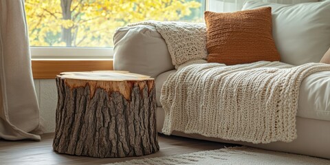 Coffee Table with Log Slices and Cream Rug