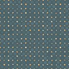 Elegant Polka-Dot seamless vector pattern on blue background. Geometric texture with tiled circles and semicircles. Great for fashion fabrics, home decor, wallpaper and packaging.